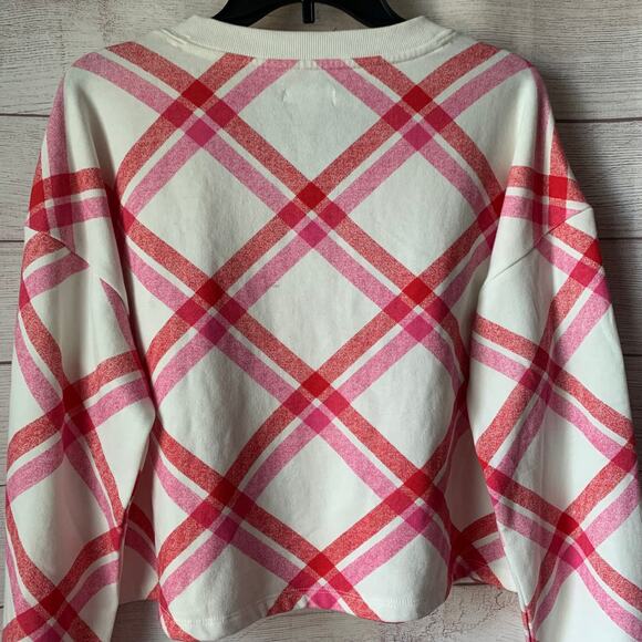 Colsie Pink and White Plaid Lounge Sweatshirt Cut V Neck Soft Size Large - Picture 8 of 10